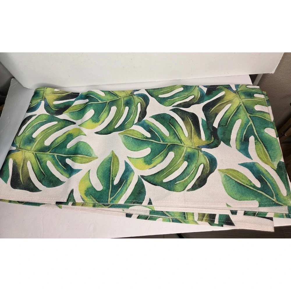 Tropical Monstera Leaf Table Runner Green White Palm Botanical Linen Blend 104in